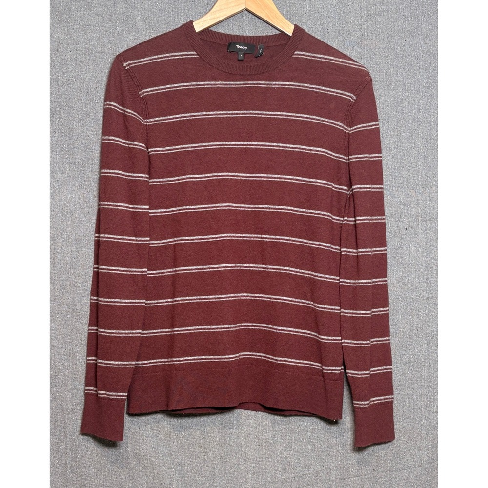 Theory Mens Riland P S Harman Merino Wool Striped Sweater Burgundy Small